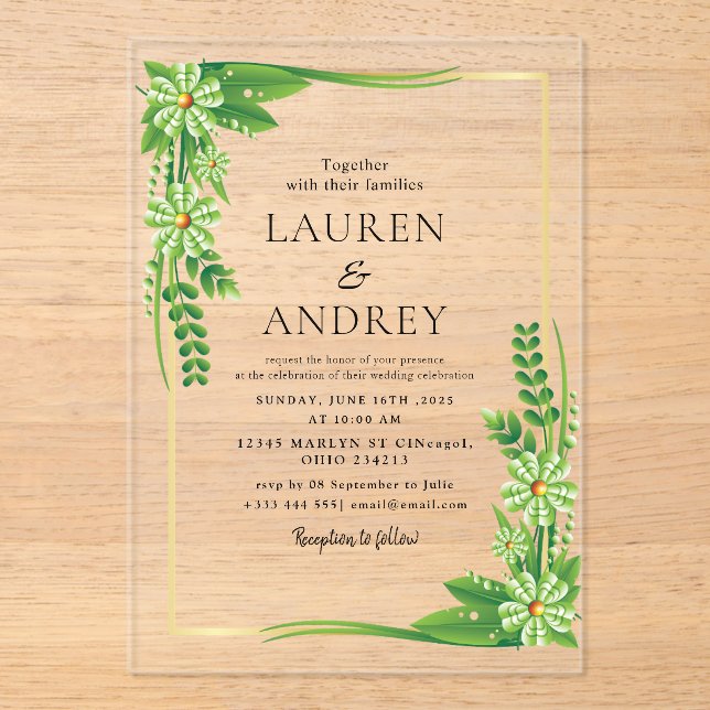 Invitaciones Acrílicas Elegant Gold Frame Wedding  (Anverso)