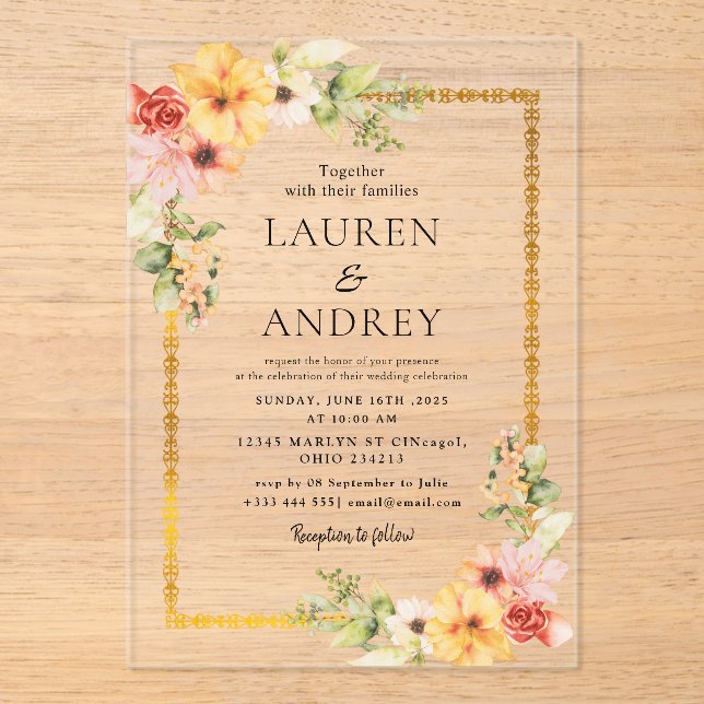 Invitaciones Acrílicas Elegant Gold Frame Wedding  (Anverso)