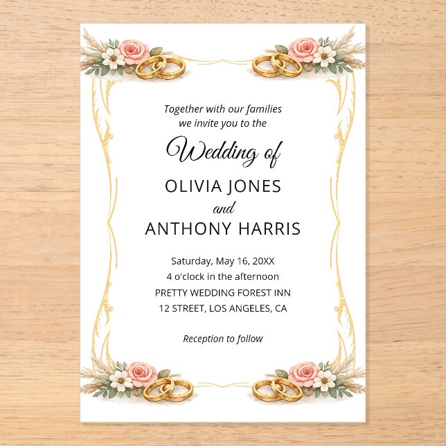Invitaciones Acrílicas Elegant Gold Geometric Rustic Floral Wedding  (Anverso)