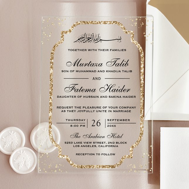 Invitaciones Acrílicas Elegant Gold Glitter Border Muslim Wedding (Subido por el creador)