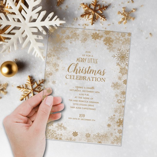 Invitaciones Acrílicas Elegant Gold Snowflakes Christmas Party (Elegant gold snowflakes ACRYLIC Christmas party invitations)