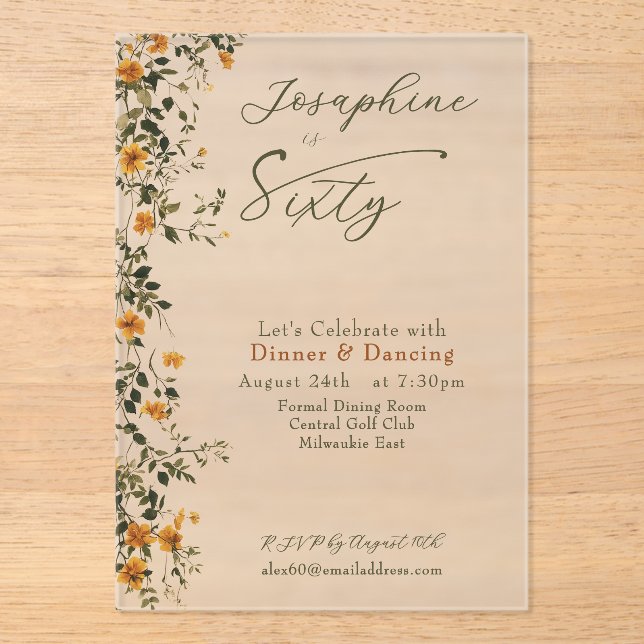 Invitaciones Acrílicas Elegant Golden Wildflower Named Sixtieth Birthday (Anverso)
