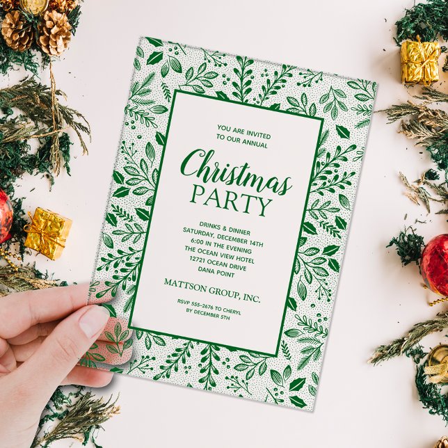 Invitaciones Acrílicas Elegant Green Botanicals Christmas Party (Elegant green botanicals border CLEAR ACRYLIC Christmas holiday party invitations)