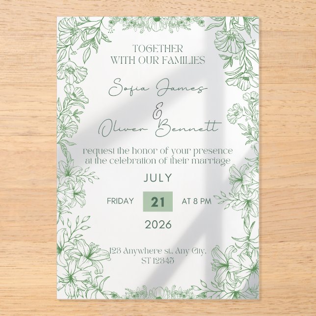Invitaciones Acrílicas Elegant Green Floral Line Art Wedding Invitation  (Anverso)