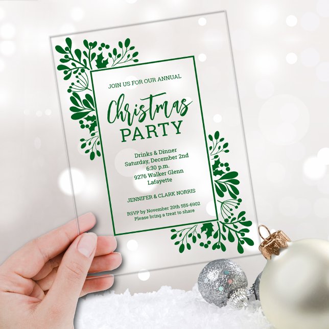 Invitaciones Acrílicas Elegant Green Foliage Christmas Party (Elegant green foliage CLEAR ACRYLIC Christmas party invitations)