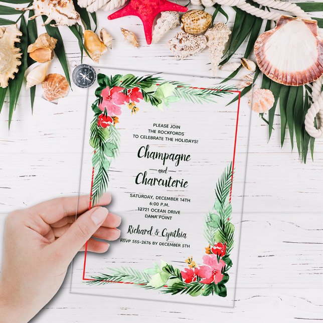 Invitaciones Acrílicas Elegant Greenery and Floral Christmas  (Elegant tropical greenery and flowers ACRYLIC Christmas party Invitations)