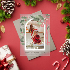 Invitaciones Acrílicas Elegant Holly Berries Arch Photo Christmas Card