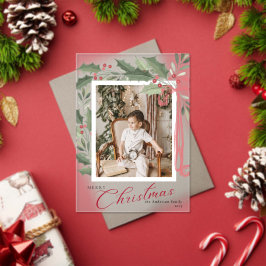 Invitaciones Acrílicas Elegant Holly Berries Family Photo Christmas Card
