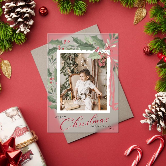 Invitaciones Acrílicas Elegant Holly Berries Family Photo Christmas Card (Insitu (Vacaciones))
