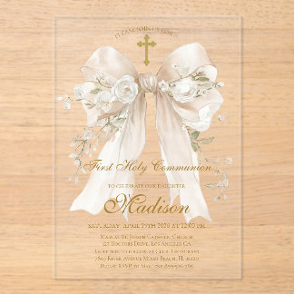 Invitaciones Acrílicas Elegant Ivory Bow First Holy Communion Girl