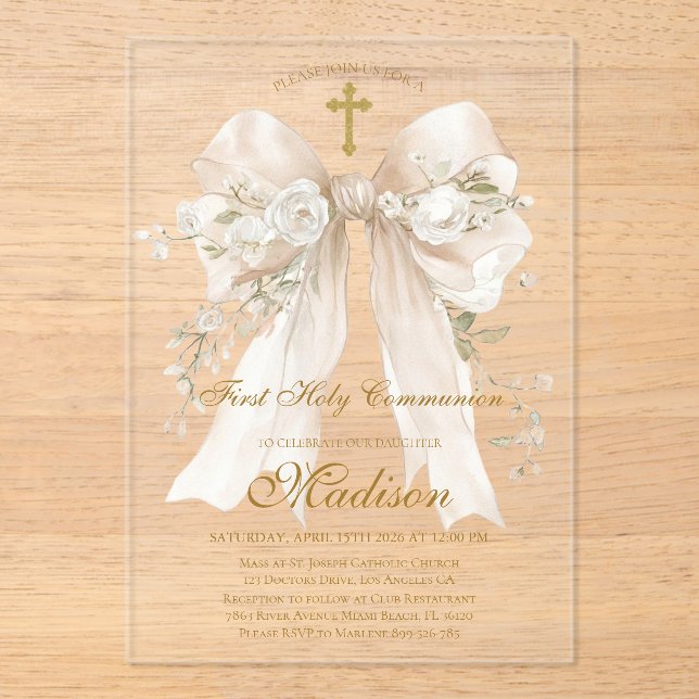 Invitaciones Acrílicas Elegant Ivory Bow First Holy Communion Girl (Anverso)
