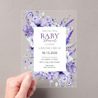 Invitaciones Acrílicas Elegant Lavender Floral Baby Shower Purple 