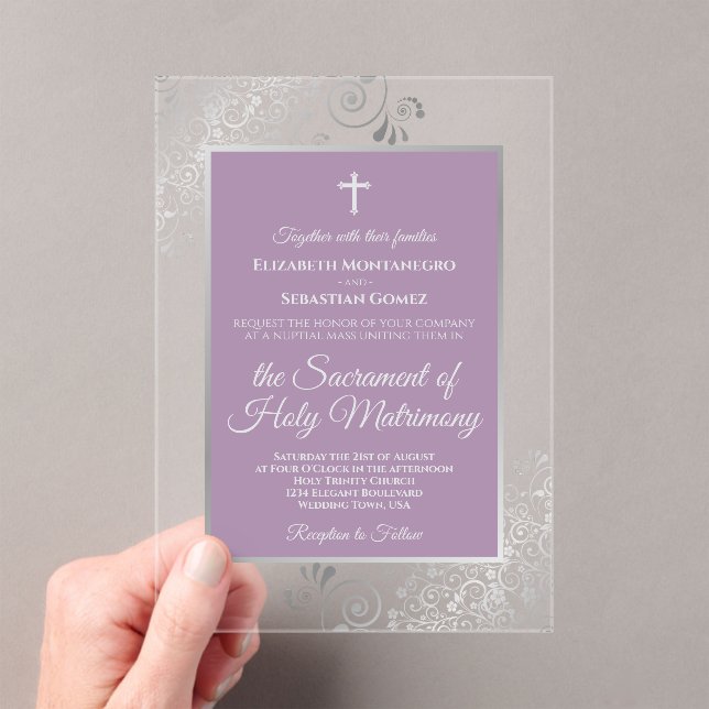 Invitaciones Acrílicas Elegant Lavender Purple & Silver Catholic Wedding (Insitu (portátil))