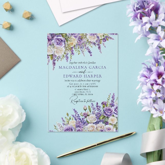 Invitaciones Acrílicas Elegant Light Purple Lavender Roses Floral Wedding (Insitu (Boda))