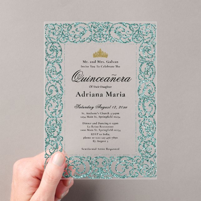 Invitaciones Acrílicas Elegant Light Teal 15th Birthday Quinceanera (Insitu (portátil))