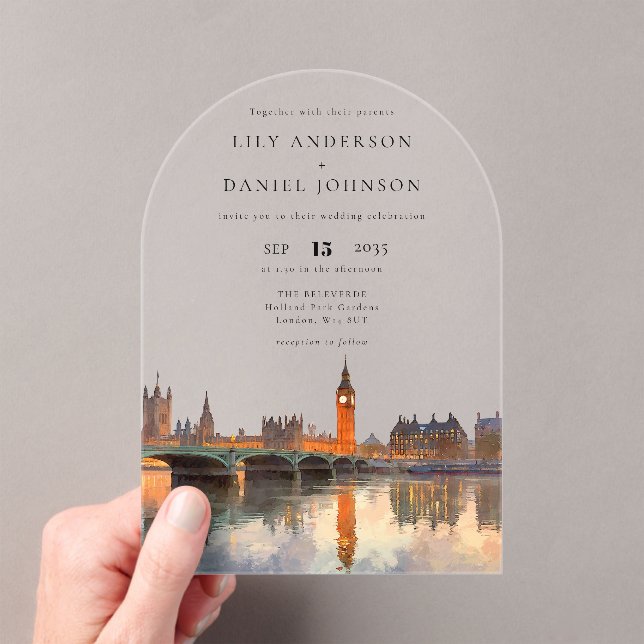 Invitaciones Acrílicas Elegant London Skyline Watercolor Wedding Arch (Insitu (portátil))