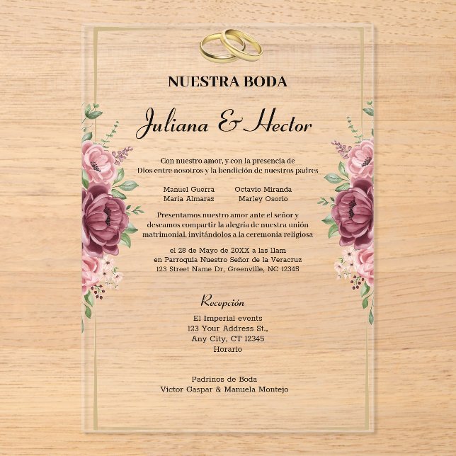 Invitaciones Acrílicas Elegant Maroon and Gold Floral Wedding (Anverso)