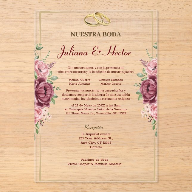 Invitaciones Acrílicas Elegant Maroon and Gold Floral Wedding (Anverso)