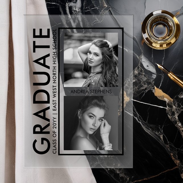 Invitaciones Acrílicas Elegant Modern Photo Graduation Announcement (Modern Clear Acrylic Graduation Announcement with Editorial Vertical Photo Layout)