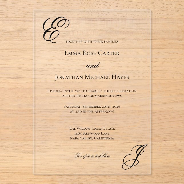Invitaciones Acrílicas Elegant Monogram Minimalist Wedding (Anverso)