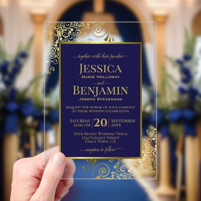 Invitaciones Acrílicas Elegant Navy Blue & Gold Stylish Text Posh Wedding (Subido por el creador)