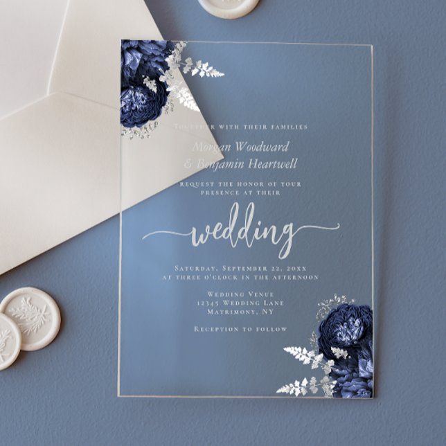 Invitaciones Acrílicas Elegant Navy Blue Silver Floral Wedding (Subido por el creador)