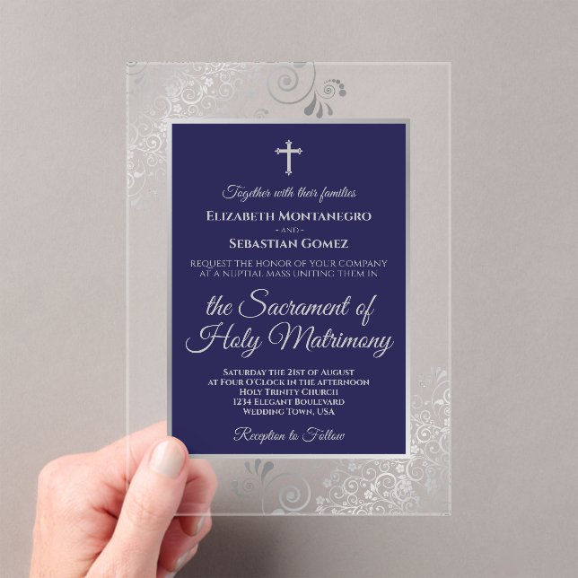 Invitaciones Acrílicas Elegant Navy Blue & Silver Ornate Catholic Wedding (Insitu (portátil))
