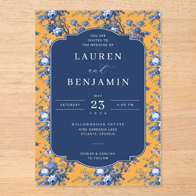 Invitaciones Acrílicas Elegant Navy Floral Mustard (Anverso)