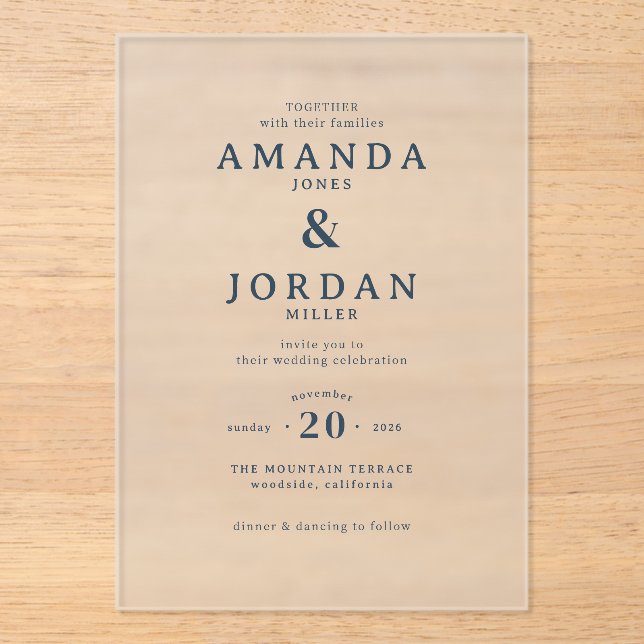Invitaciones Acrílicas Elegant Navy Minimalist Wedding Invitation (Anverso)
