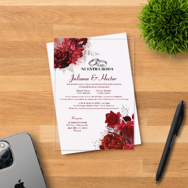 Invitaciones Acrílicas Elegant Nuestra Boda Red Floral Wedding (Insitu (Tarjeta de Invitación))