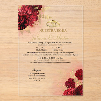 Invitaciones Acrílicas Elegant Nuestra Boda Red Floral Wedding Invitation