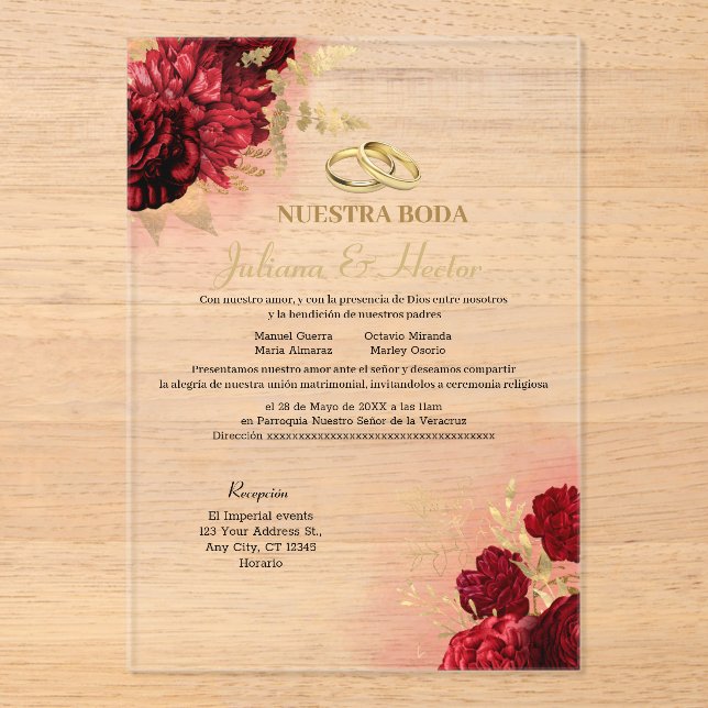 Invitaciones Acrílicas Elegant Nuestra Boda Red Floral Wedding Invitation (Anverso)