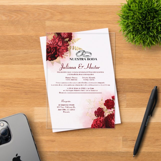 Invitaciones Acrílicas Elegant Nuestra Boda Red Gold Floral Wedding (Insitu (Tarjeta de Invitación))