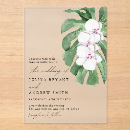 Invitaciones Acrílicas Elegant  Orchid on Tropical leaf script wedding