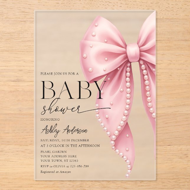 Invitaciones Acrílicas Elegant Pearl Bow Chica Baby Shower (Anverso)