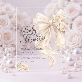 Invitaciones Acrílicas Elegant Pearl White Bow Floral Baby Shower