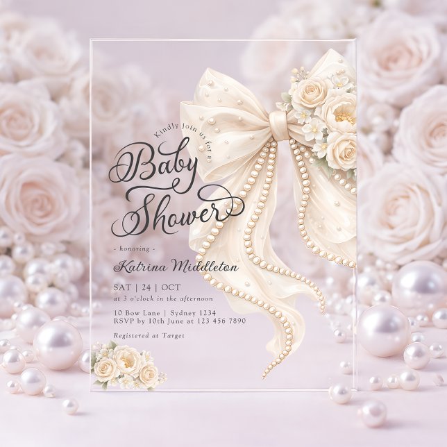 Invitaciones Acrílicas Elegant Pearl White Bow Floral Baby Shower (Subido por el creador)