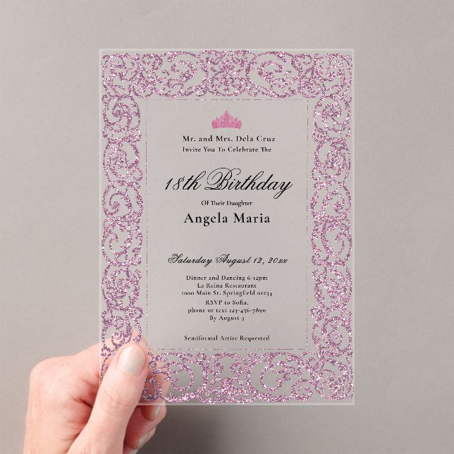 Invitaciones Acrílicas Elegant Pink Border 18th Birthday Debut (Insitu (portátil))