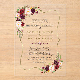Invitaciones Acrílicas Elegant Pink Burgundy Floral Gold Marble Wedding