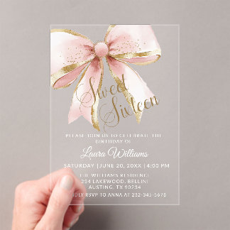Invitaciones Acrílicas Elegant Pink & Gold Coquette Bow Sweet 16th
