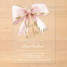Invitaciones Acrílicas Elegant Pink & Gold Coquette Bow Sweet 16th