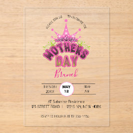 Invitaciones Acrílicas Elegant Pink Queen Crown Happy mothers day Brunch