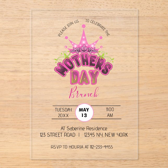 Invitaciones Acrílicas Elegant Pink Queen Crown Happy mothers day Brunch  (Anverso)