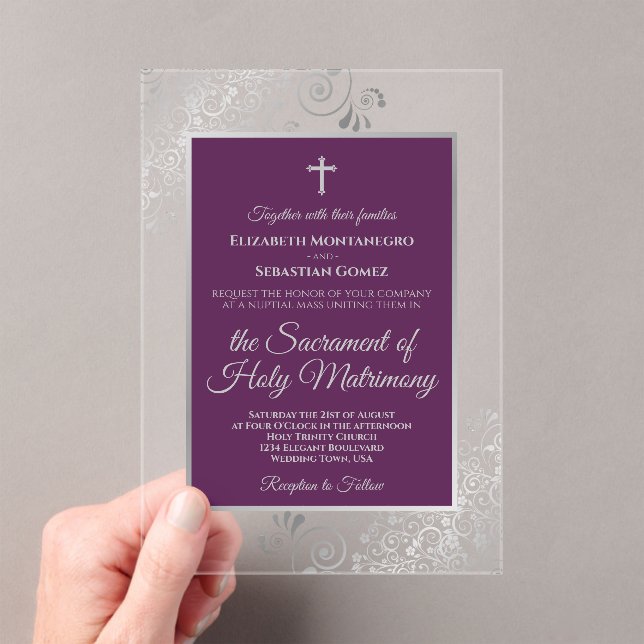 Invitaciones Acrílicas Elegant Plum Purple & Silver Catholic Wedding (Insitu (portátil))