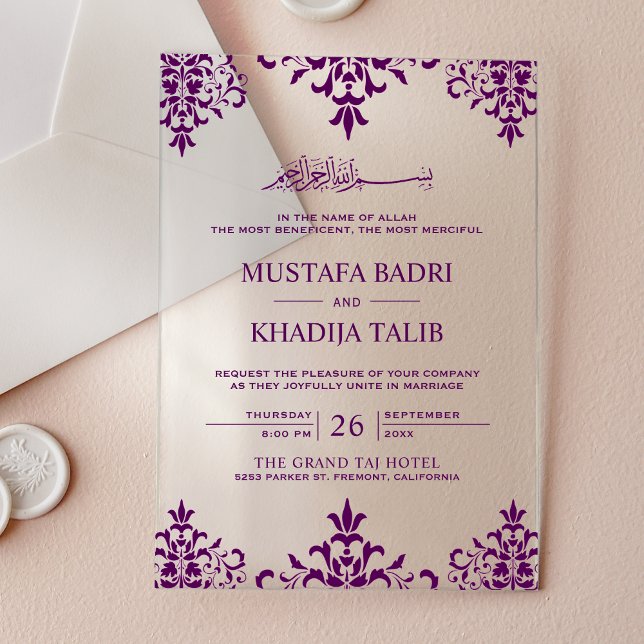 Invitaciones Acrílicas Elegant Purple Damask Islamic Wedding (Subido por el creador)