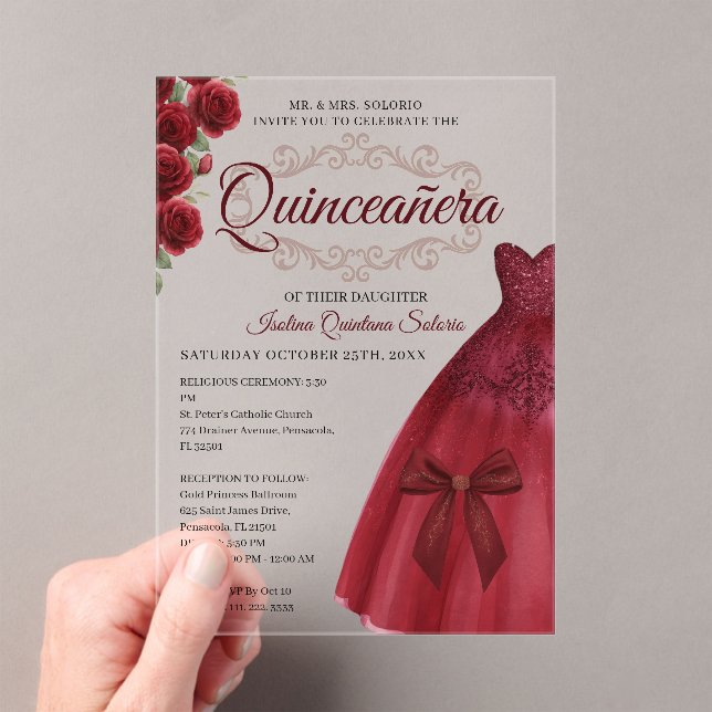 Invitaciones Acrílicas Elegant Quinceanera 15th Birthday Red Burgundy  (Insitu (portátil))