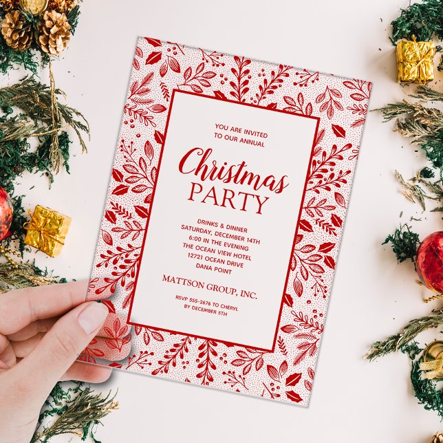 Invitaciones Acrílicas Elegant Red Botanicals Christmas Party (Elegant red botanicals border CLEAR ACRYLIC Christmas holiday party invitations)