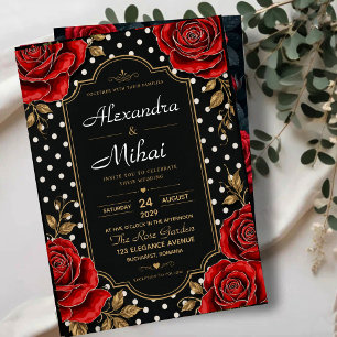 Invitaciones Acrílicas Elegant Red Rose Black and Gold Floral Polka Dot