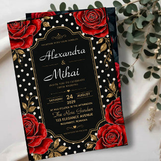 Invitaciones Acrílicas Elegant Red Rose Black and Gold Floral Polka Dot