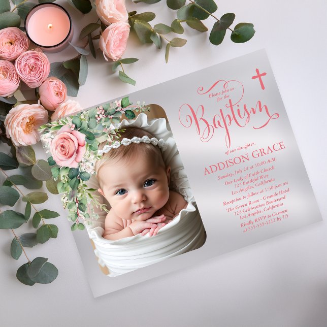 Invitaciones Acrílicas Elegant Rose Garden - Girl Baptism  (Elegant Rose Garden Eucalyptus Girl Baptism Photo Acrylic Invitation)